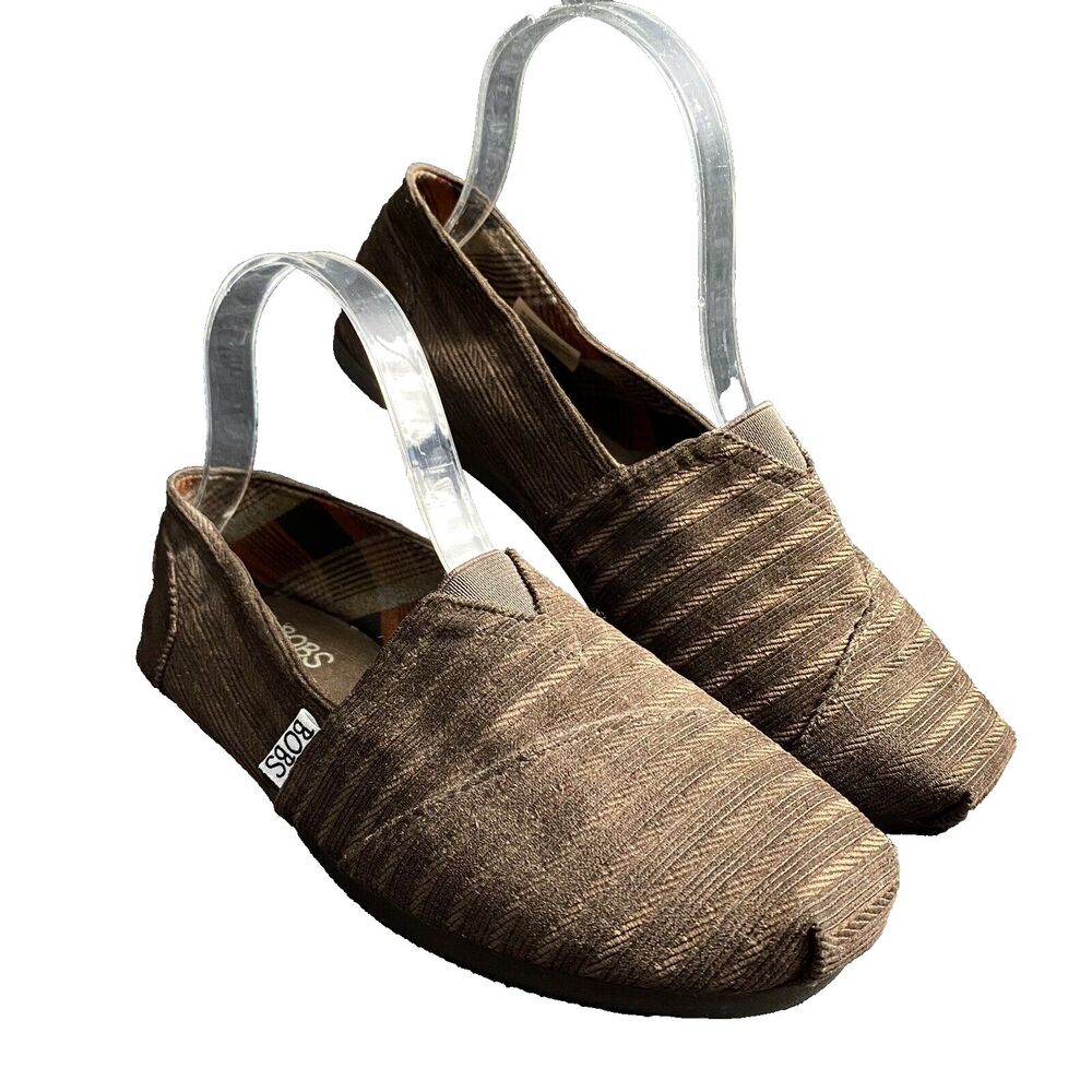 Skechers BOBS Womens Size 8 Brown Canvas Slip On Flats Memory Foam Comfort Shoes